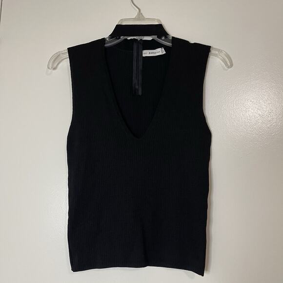 Zara black knit ribbed cutout collar sleeveless top size medium - Picture 1 of 4